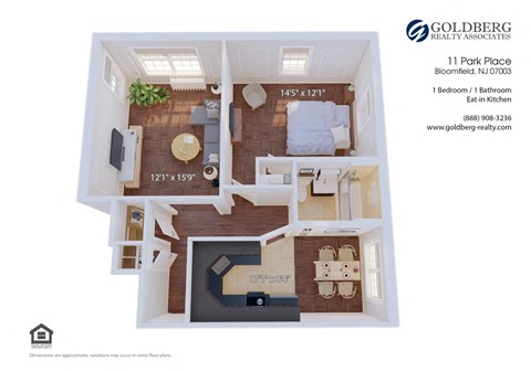 Floor plan for 1 bed, 1 bath, 759 sqft